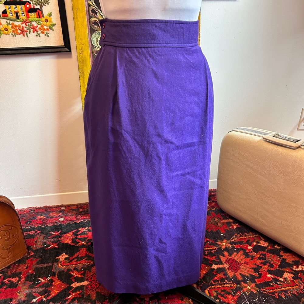 Vintage 70s 80s Purple Wool-Blend Midi Skirt High Waist, Pockets, Button Detail
